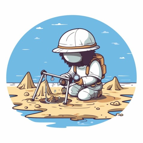 Astronaut sitting on the sand in cartoon style.