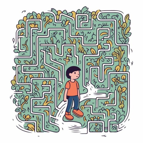 Little boy playing in labyrinth. Maze game for kids