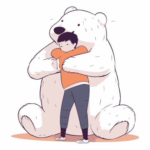 Little boy hugging big polar bear in cartoon style.