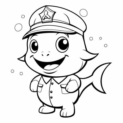 Black and White Cartoon Illustration of Cute Little Fish Police