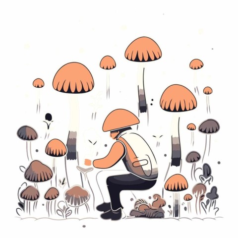 Vector illustration of a man with a backpack and mushrooms in th