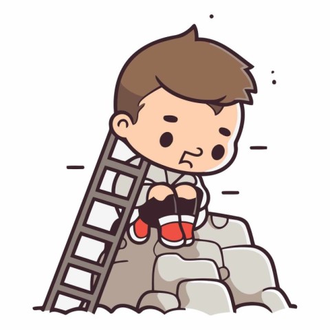 Boy climbing the stairs to reach the top of the mountain vector