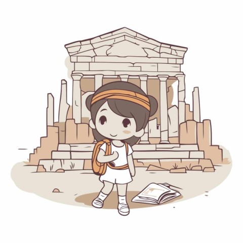 Girl and ancient temple in Greece on white background.