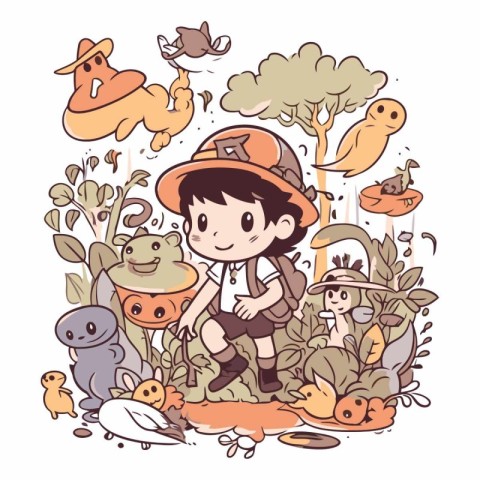 Cute little boy playing with a group of animals.