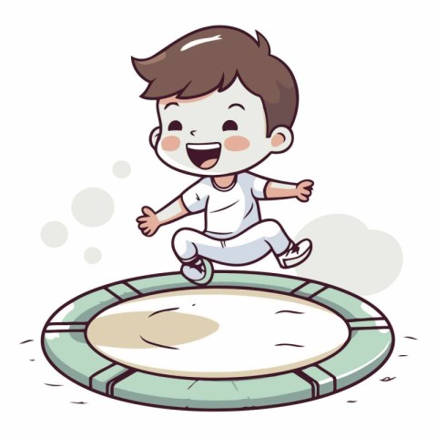 Boy jumping on trampoline in cartoon style.