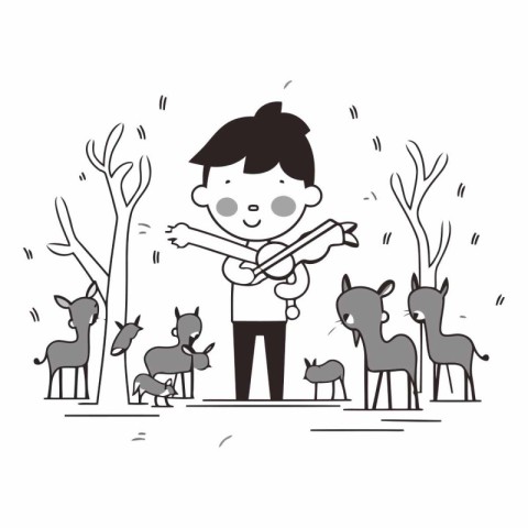 Boy playing guitar with deer in the forest. Cute cartoon illustr