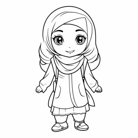 Cute muslim girl in traditional dress for coloring book.