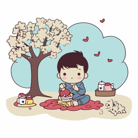 Illustration of a boy having a picnic in the park with a cake