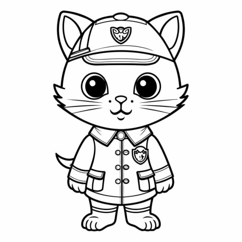 Black and White Cartoon Illustration of Cat Police Officer Chara