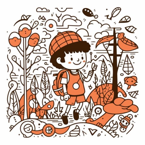 Vector hand drawn doodle illustration of a boy in the forest.