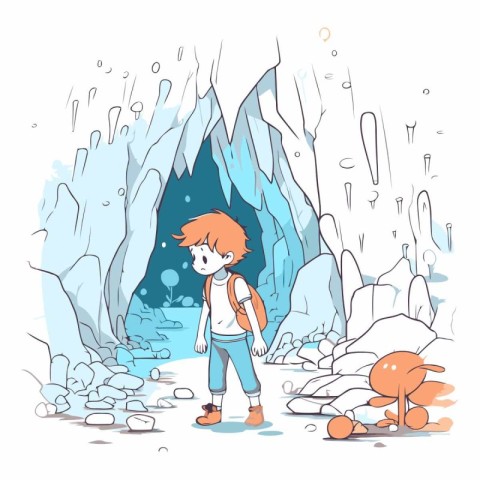 Vector illustration of a boy walking in the cave. Cartoon charac