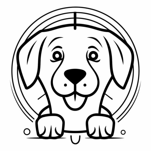 Black and white illustration of a dog in a circle. Cartoon style