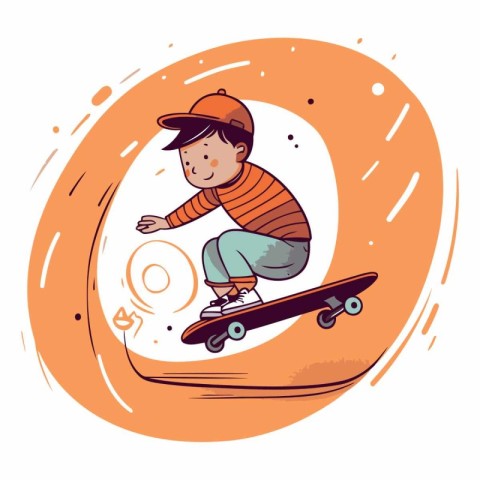 Boy riding a skateboard on a round orange background.