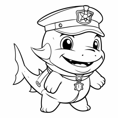 Black and White Cartoon Illustration of Cute Baby Shark Policema