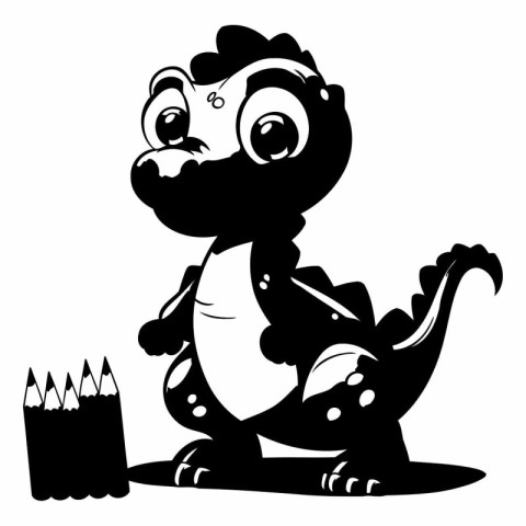 Cute dinosaur with pencils on white background.