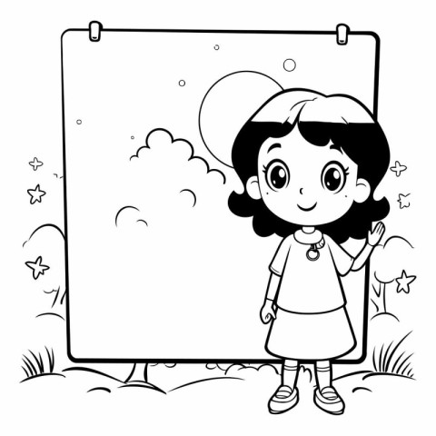 Black and White Cartoon Illustration of Cute Little Girl Holding