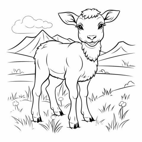 Cute cartoon sheep on a meadow for coloring book.