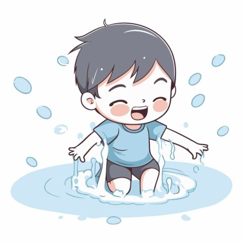 Cute little boy splashing water in the pool.