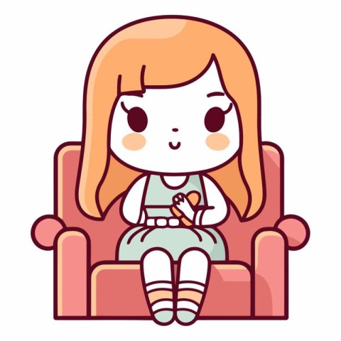 Cute little girl sitting on sofa in cartoon style.