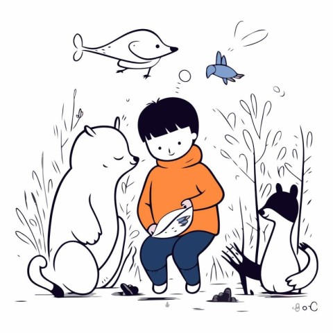 Vector illustration of a boy and a cat on a walk in the park