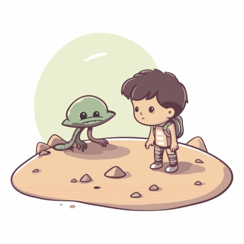 Boy and alien in the sand of a cartoon character.