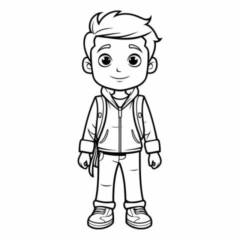 Black and White Cartoon Illustration of Cute Little Boy Characte