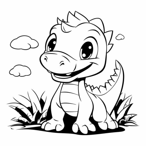 Black and White Cartoon Illustration of Cute Dinosaur Animal for