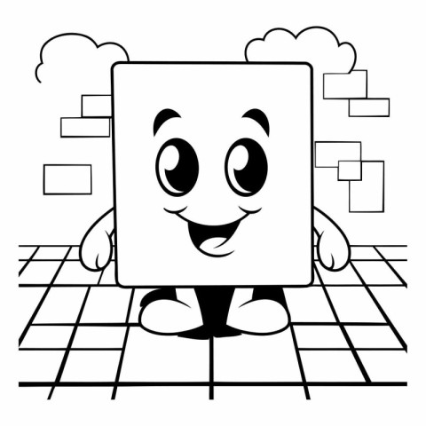 Black and white illustration of a smiling man holding a tablet c