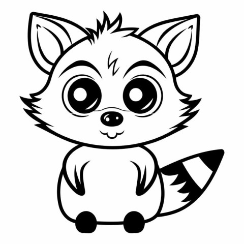 Cute Raccoon - Black and White Cartoon Illustration. Vector