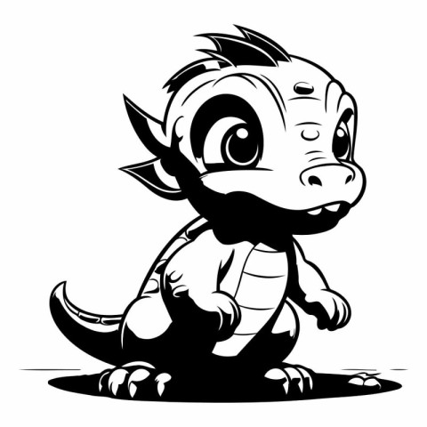 Cute Little Dragon - Black and White Cartoon Illustration. Vecto