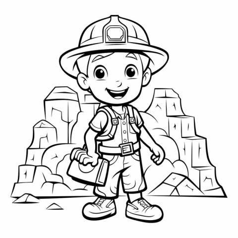 Black and White Cartoon Illustration of Little Boy Scout or Fire