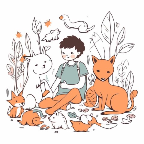 Cute little boy sitting on the ground with animals