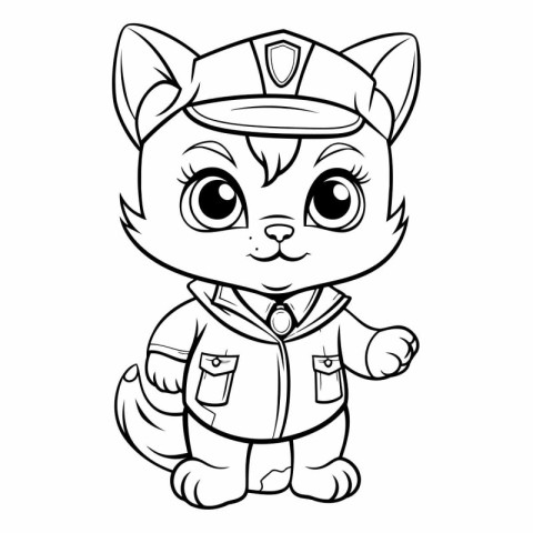 Black and White Cartoon Illustration of Cute Cat Captain Charact