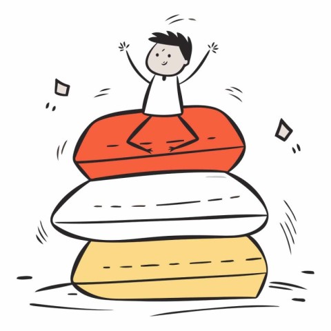 Cartoon illustration of a boy jumping on a stack of pillows