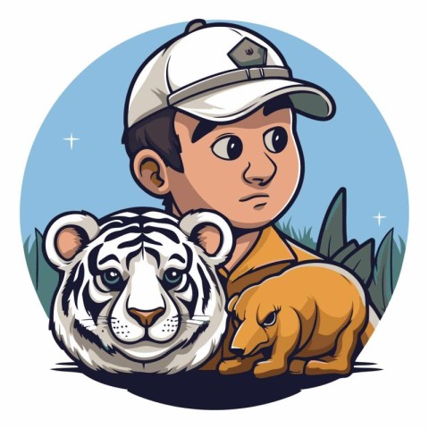 Vector illustration of a tiger and a boy in a baseball cap.