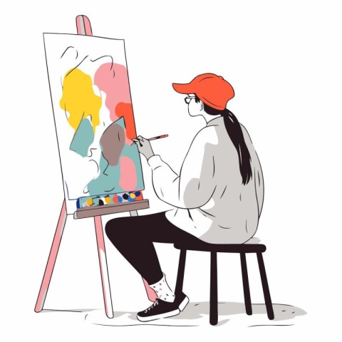 Artist drawing picture on easel. Female artist painting picture