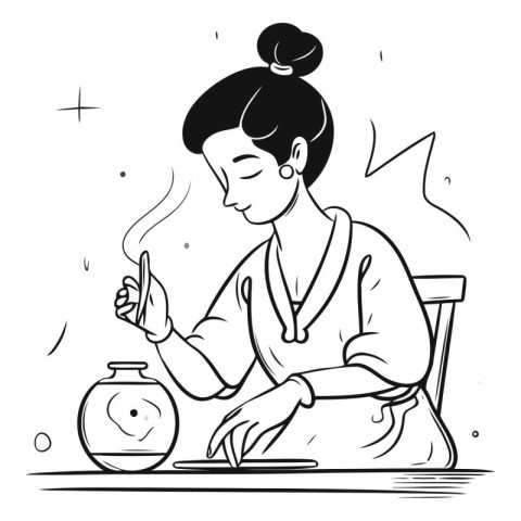 Illustration of a woman making a potion in a glass jar.