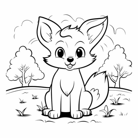 Cute cartoon fox in the forest for coloring book