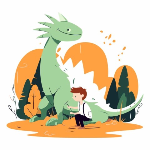 Cute boy with a dinosaur in flat style.