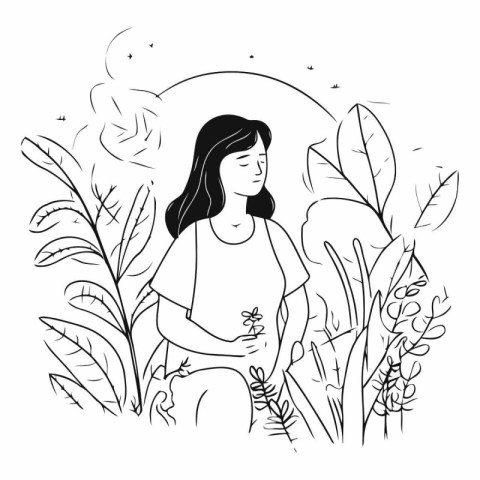 Pregnant woman in the garden in sketch style.