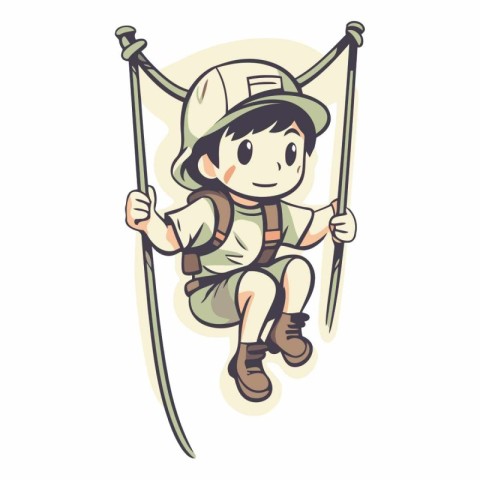 Illustration of a boy climbing a rope with a helmet and a backpa