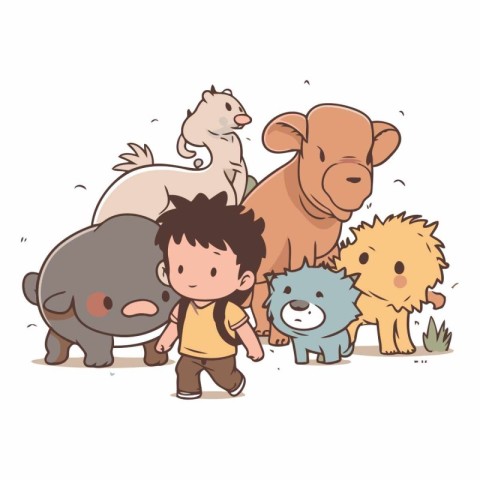 Cute children with wild animals in cartoon style.