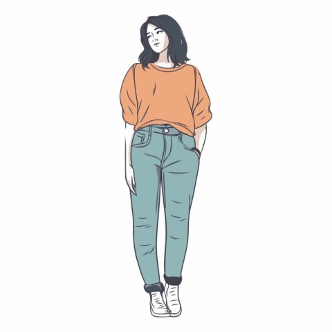 Vector illustration of a woman in jeans and a t-shirt.