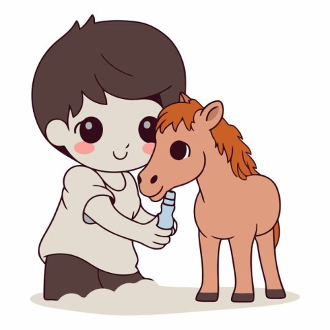 Little boy feeding horse. Cute cartoon character.