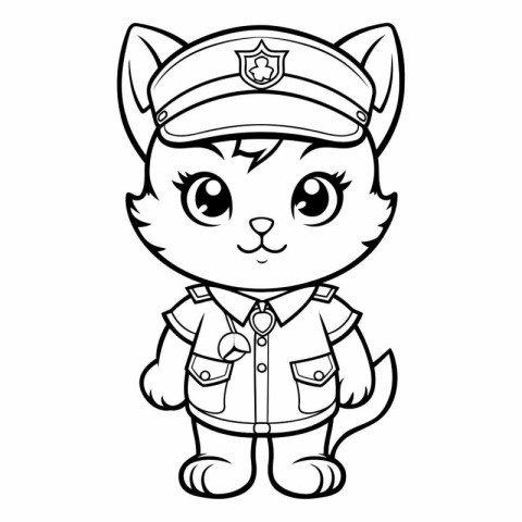 Black and White Cartoon Illustration of Cute Cat Police Officer