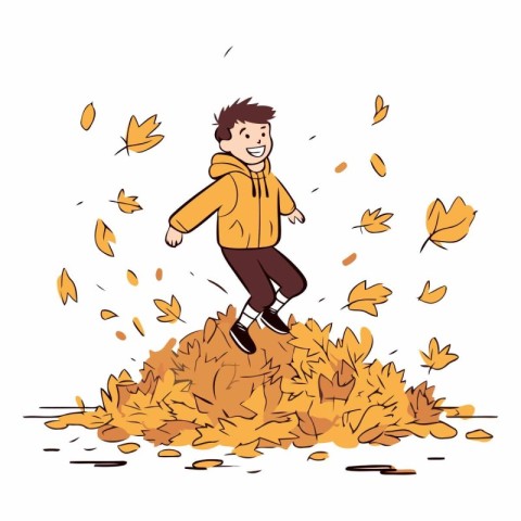 Happy boy jumping in autumn leaves in sketch style.