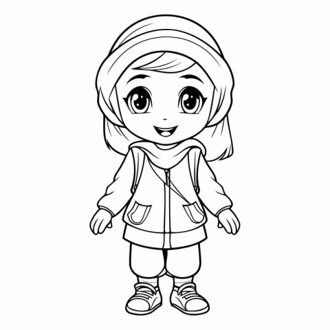 Outline of a cute little girl wearing warm clothes