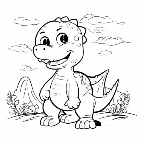 Cute dinosaur sitting on the grass for coloring book