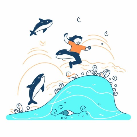 Vector illustration of a boy jumping on the sea waves with dolph