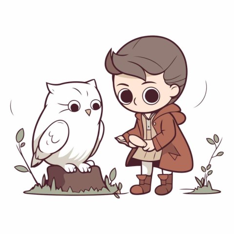 Cute boy wearing a coat and a owl standing on a stump